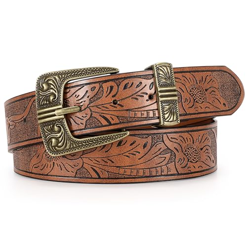 Western Leather Belts for Women Men Vintage Engraved Cowboy Cowgirl Belt with Antique Gold Pin Buckle for Jeans Dress