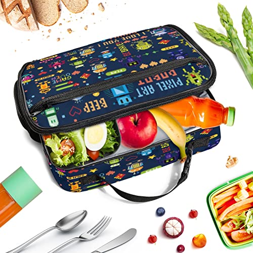 Cartoon Lunch Bag, Insulated Reusable Lunch Box Funny Lunch Tote Bag With Side Pockets For Girls Boys Travel Picnic… (Pixel Robots, One Size) #TOP6