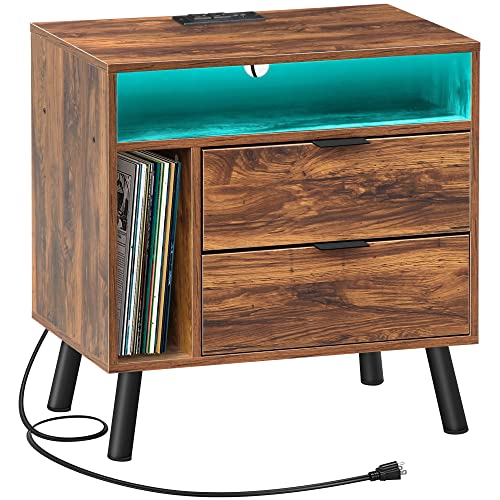 Dansion Side Table With Charging Station And Led Lights, Sofa End Table With Usb Ports And Outlets, Nightstand With 2 Drawers And 2 Open Shelf Compartment For Bedroom Living Room Office, Brown #TOP19
