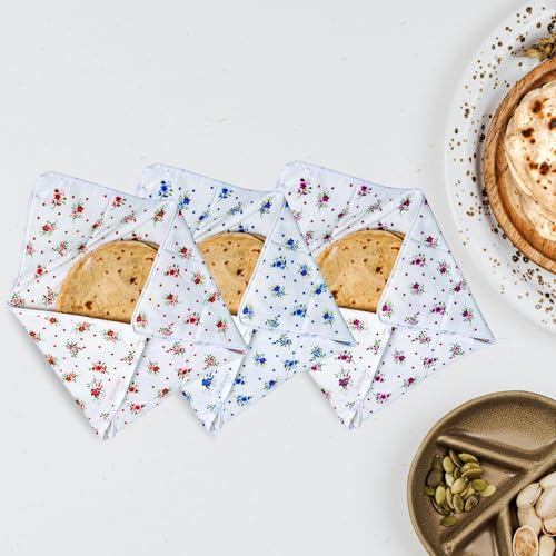 Image of Solitdue Set of 3 Floral Print Roti Chapati Cover | 100% Cotton Traditional Roti Rumals to Keep Roti /Chapati Fresh | Tortilla Covers for Kitchen