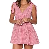 Women Y2k Plaid Short Dress Sleeveless Tie Shoulder Backless Flowy Babydoll Gingham Mini Dress Casual Cute Streetwear (Red, S)