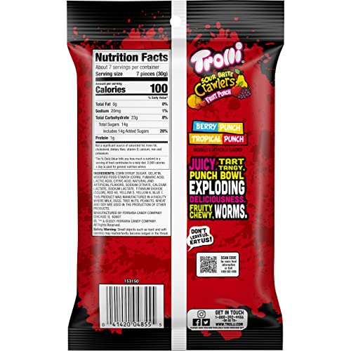 Image of Trolli Sour Brite Crawlers Candy, Fruit Punch, Sweet and Sour, Gummy Worms, 7.2 oz (Pack of 5)