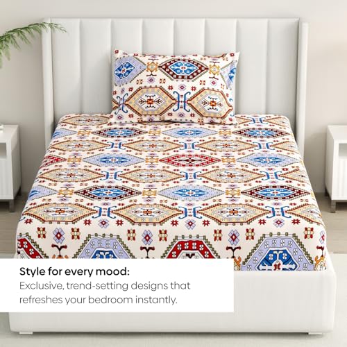 Image of Rivermoor 200 TC Ultrasoft Bedsheet for Single Bed | Bedsheet with 1 Pillow Cover | Multi Color Geometric Pattern | 58 x 88 Inches | Breathable & Wrinkle Resistant