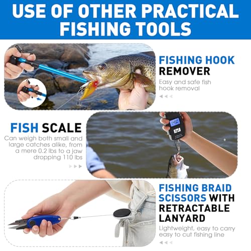 Image of RoundFunny 10 Pcs Fishing Tool Kit, Fishing Pliers with Lanyard and Protective Sheaths, Landing Net, Fillet Knife, Fish Scale, Gripper, Hook Remover, Braid Scissors, Gloves for Men Dad Gift