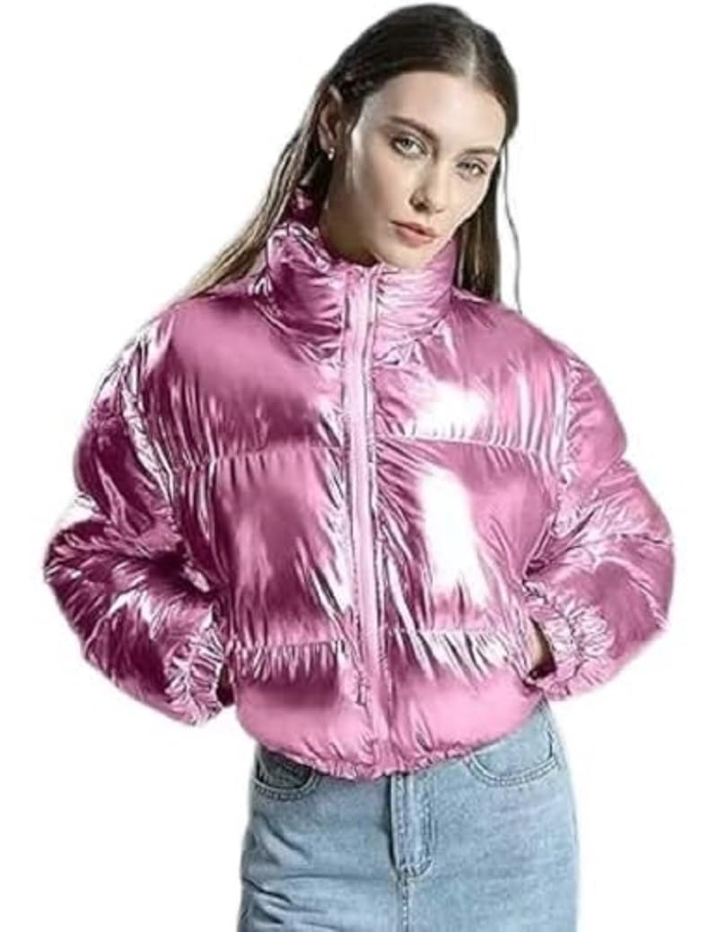 GenericWomen's Winter Cropped Metallic Solid Color Padded Jacket Stand Collar Zip Up Shiny Puffer Coat
