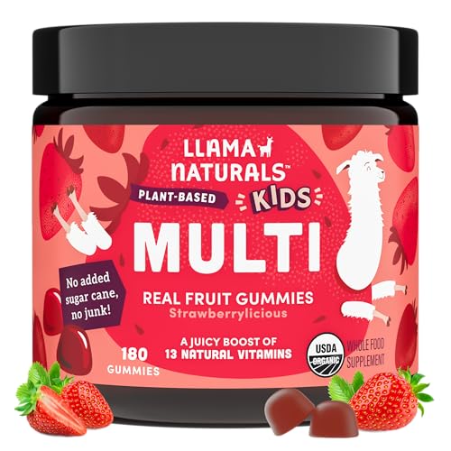 Llama Naturals Kids Multivitamin Gummies | Real Fruit No Added Sugar Cane | Organic Vegan Toddler Whole Food Vitamins | Vitamin D C & Beta Carotene Gummy Supplement | Strawberry 180 Ct (2-3 Months)