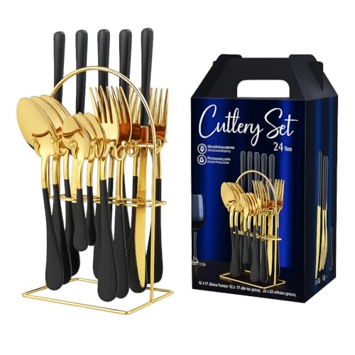 Luxury 24-Piece Gold Cutlery Set - Stainless Steel Kitchen Utensil Set for 6, Elegant Silverware Set with Forks, Knives, Spoons - Dishwasher Safe, Modern Tableware for Home, Dining, Wedding & Gift