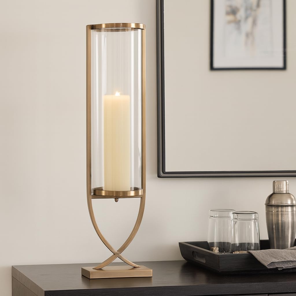 Contemporary Metal and Glass Hurricane Candle Holder - Decorative Pillar Candlestick Holder for Table Centerpiece - Elegant Home Decor Accents for Any Special Occasion Decoration - 31" Gold