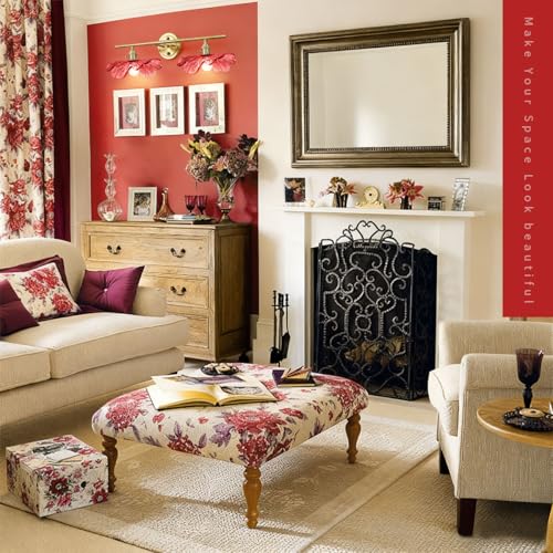 Image of 2-Light Red Floral Wall Sconce Mid Century Antique Gold Bathroom Vanity Light with Metal Base, Wall Lighting Fixture Over Mirror for Living Room Bedroom Hallway