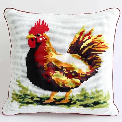 ANSIWEIGO Juego de anudados DIY para adultos principiantes, funda de almohada o alfombra con patrón preimpreso, 43 x 43 cm, cojín de nudos, decoración del hogar, gallo pintado