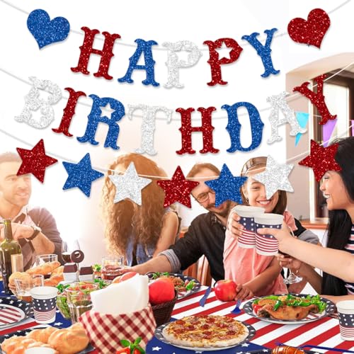 Image of Red White Blue Happy Birthday Banner Decoration Glitter American Themed Stars Decorations for 4th of July Memorial Day Party