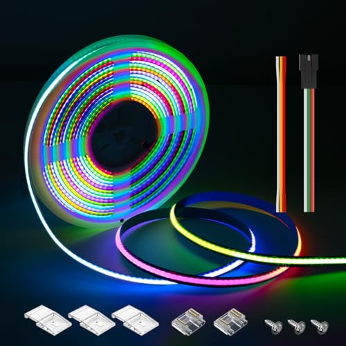 SEZO FCOB RGB WS2811 IC Addressable LED Strip COB RGB IC Dream Color Chasing High Density 16.4FT/5M DC12V 630LEDs/M IP30 LED Tape Black PCB for Indoor DIY Decoration (Not Included SPI Controller)