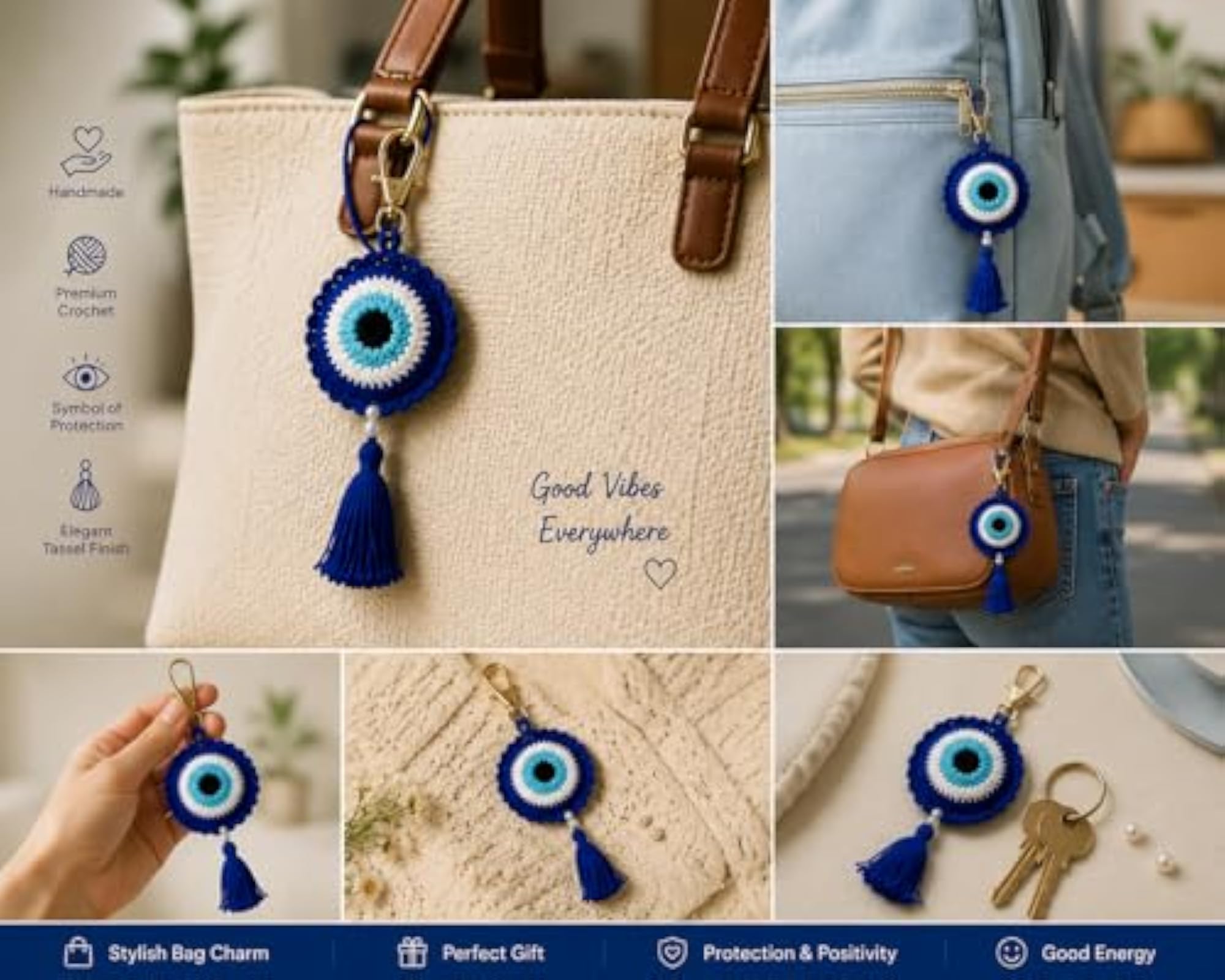 Handmade Blue & White Evil Eye Dreamcatcher Wall Hanging, Boho Decor