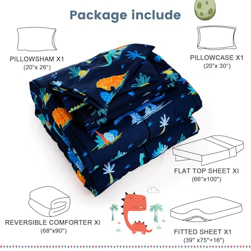 Image of david's kids 5 Piece Twin Comforter Set - Soft Breathable Bedding Twin Set for Boys Girls, Includes Quilted Comforter, Flat Sheet, Fitted Sheet, Pillowcase and Pillowsham, Dinosaur Navy
