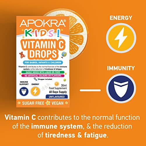 Vitamin C Drops - Vegan - 60 Days Supply  30mL  Preservative Free and Sugar Free Vitamin C for Kids - VIT C 25mg per 0.5mL | APOKRA Kids