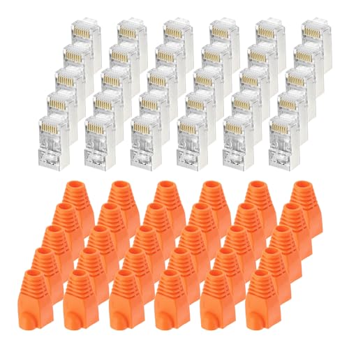 sourcing map 50 conectores de paso CAT6 RJ45, conectores RJ45 STP/FTP 8P8C chapados en oro con 50 botas de alivio de tensión naranja para cable Ethernet de 24-26 AWG