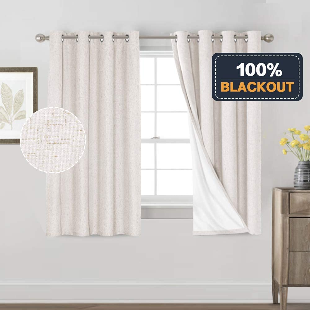 Primitive Textured Linen 100% Blackout Curtains for Bedroom/Living Room Energy Saving Window Treatment Curtain Drapes, Burlap Fabric with White Thermal Insulated Liner (2 Panels, 52 x 63 Inch, Ivory)