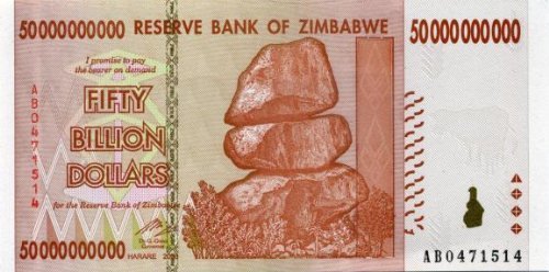 Beverly Oaks Zimbabwe 50 Billion Dollar Bank Note 2008 Uncirculated, Multicoloured, 75x150 mm