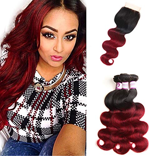 1B Burgundy Ombre Bundles with Closure, 10A Brazilian Body Wave Hair 3 Bundles with Lace Closure, 4x4 Inches Dark Red 99J Closure, Claret Wine Red Human Hair (18  20  22  & Closure 16 )