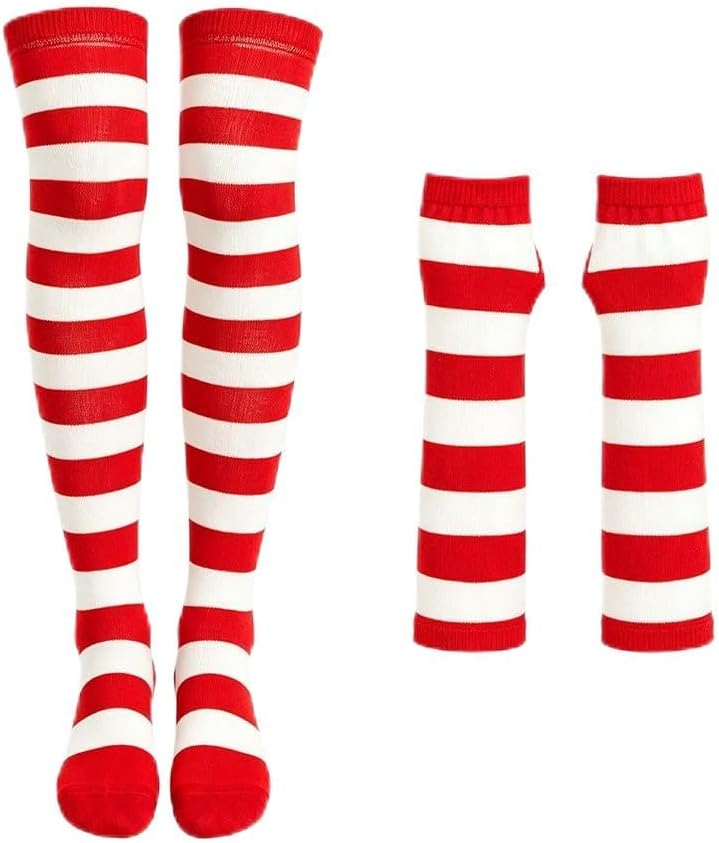 Halloween Knee Socks and Striped Fingerless Gloves for Women Christmas Striped Stocking and Arm Warmers for Women