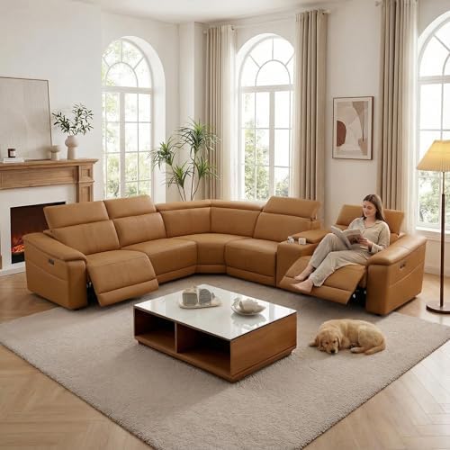 Power Recliner Sectional Sofa, L-Shaped Living Room Furniture Set, Light Brown Leather Sofa, Reclining Sectional Couch with Storage Console/Cup Holder for Living Room/House/Apt Power Recliner Sectional Sofa, L-Shaped Living Room Furniture Set, Light Brown Leather Sofa, Reclining Sectional Couch with Storage Console/Cup Holder for Living Room/House/Apt