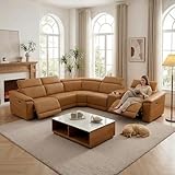 GEBADOL Power Recliner Sectional Sofa, L-Shaped Living Room Furniture Set, Light Brown Leather Sofa, Reclining Sectional Couch with Storage Console/Cup Holder for Living Room/House/Apt
