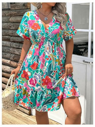 Image of Floerns Women's Plus Size Summer Vacation Wrap V Neck Short Sleeve Ruffle Hem A Line Hawaiian Short Dress