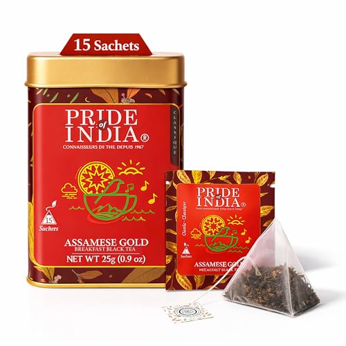 Pride of India | Assamese Gold English Breakfast Blend | 15 Predium Pyramid Full Leaf Individually Wrapped Tea Bags | Full-Bodied, Strong & Malty Flavor | Single Estate Certified Classic Tea
