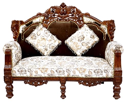 Image of Wooden 8 Seater Sofa Set | 3+3+1+1 Solid Wood Hand-Carved White Brown Sofa | Traditional Design Furniture for Living Room | Home | Office