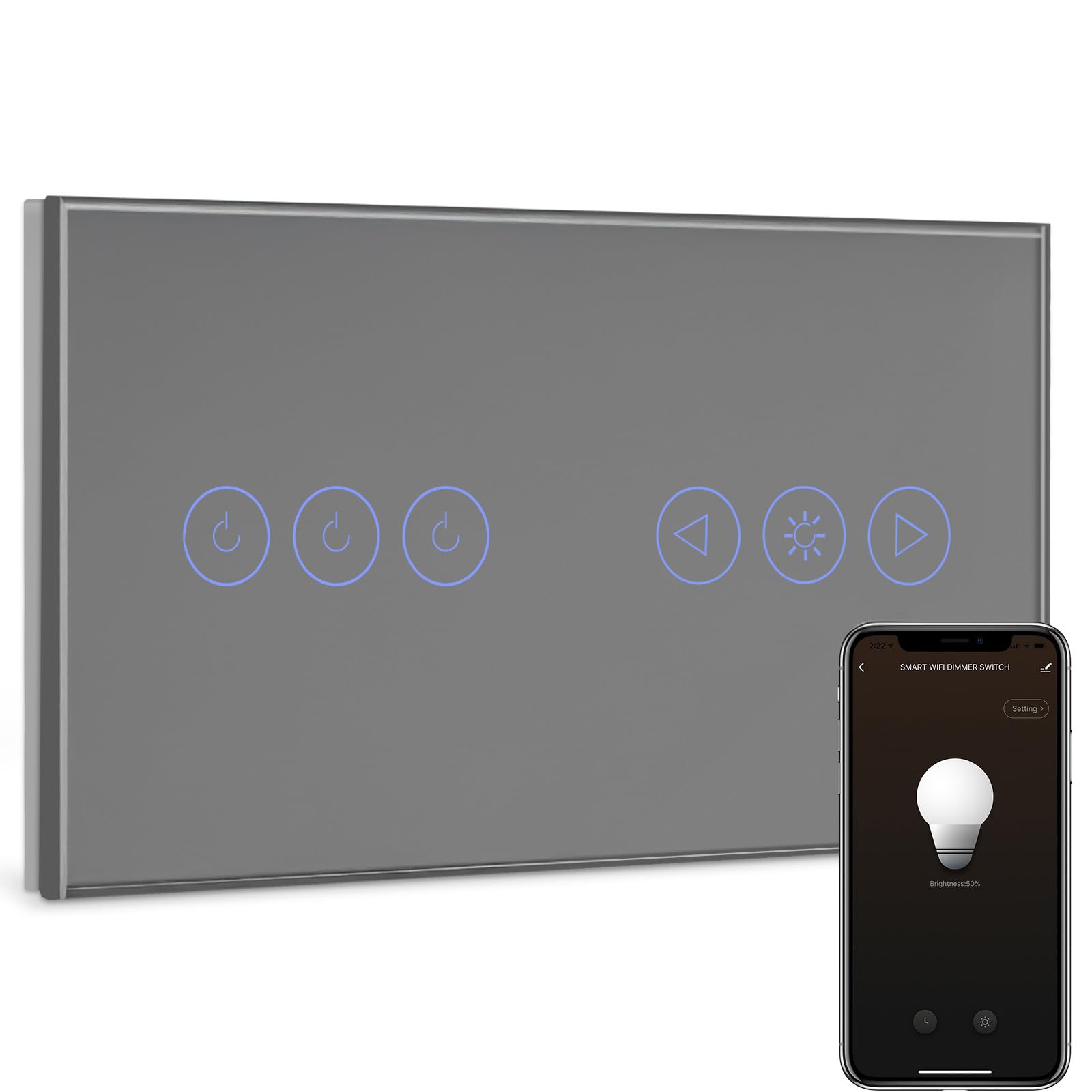 BSEED Interruttore WIFI Tattile e Interruttore Dimmer WIFI Alexa 3 Gang 1 Via Interruttore Smart Compatibile con Google Home, Interruttore a Parete Grigio(Richiesto la Linea Neutra)