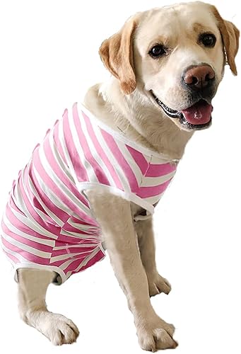 Vista 45 de Traje de recuperación para perros, camisa poscirugía para cachorros, ropa protectora de heridas para animales (rayas blancas y rosadas, XL)