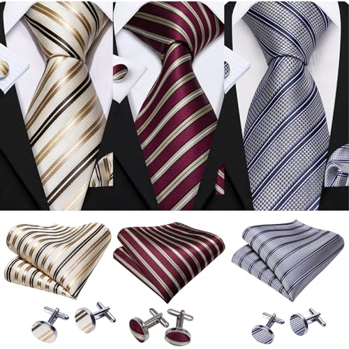 Image of Barry.Wang 6 PCS Men Ties Set Silk Business Fashion Woven Necktie Handkerchief Cufflinks Paisley Stripe Wedding Party