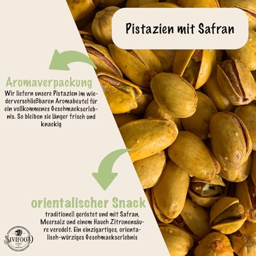 SIVIFOOD Pistazien geröstet und gesalzen mit Safran im 1kg Vorteilspack - geröstete Jumbo Pistazien mit Safran verfeinert in Großpackung Nüsse Premium Qualität hochwertig vegan roasted pistachio nuts