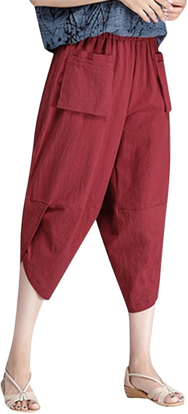 Pantalon Femme été 7/8 En Imitation Lin - Coupe Ample, Taille élastique Avec Cordon - Confortable, Style Décontracté Yoga