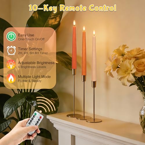 Image of Flameless Taper Candles with Remote, 9.6 inch Battery Operated Flickering LED Candlesticks, Real Wax Warm Earth Tone Taper Candles for Wedding Centerpieces, Dinner Table, Mantel, Window, 3 Pack