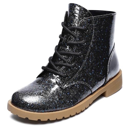 Girls Glitter Ankle Boots Side Zipper Combat Shoes with Lace Up for Toddler/Little Kid/Big Kid