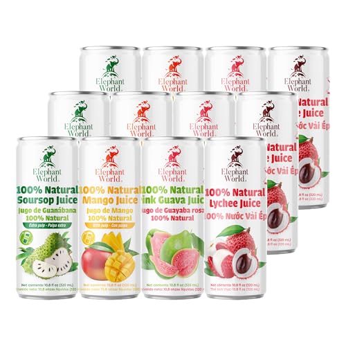 Image of ELEPHANT WORLD 100% Natural Juices | Assorted Superfruits | Soursop-Mango-Guava-Lychee | NO Sugar added | NOT From Concentrate | NON GMO | 12 Pack, 320 ML Each