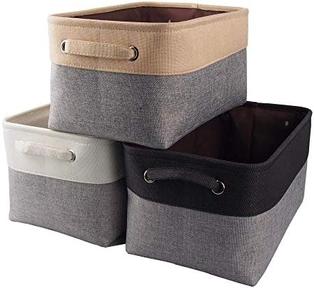 Mangata Jumbo Canvas Storage Box 3 Pack, Fabric Storage Basket with Handles & drawstring for Cupboards, Shelves, Clothes, Toys (Extra Large, Foldable, Grey Beige)