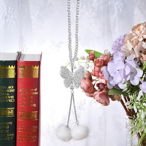 Image of Crystal Rhinestones Butterfly Car Hanging Ornament Shimmering Rearview Mirror Pendant with Fur Ball Car Charm Auto Interior Decoration Accessories, White