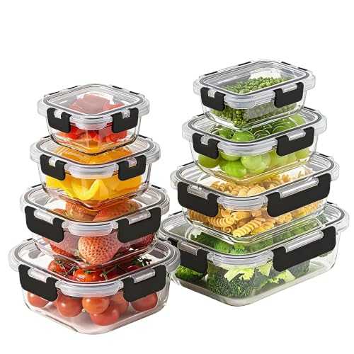 8 Pack Glass Food Storage Containers with Snap Locking Lids for Meal Prep