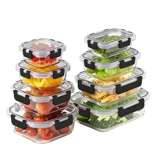 8 Pack Borosilicate Glass Food Storage Containers with Lids, Glass Meal Prep Containers, Airtight Bento Lunch Boxes with Snap Locks, Oven, Freezer and Dishwasher Safe, BPA Free, Kitchen Storage Set