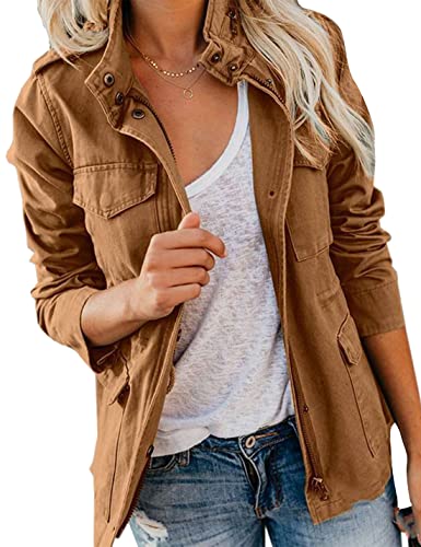 Aisongyuan Womens Military Safari Anorak Jacket Utility Zip Up Snap Buttons Drawstring Parka Coat With Pockets, Brown, X-Large