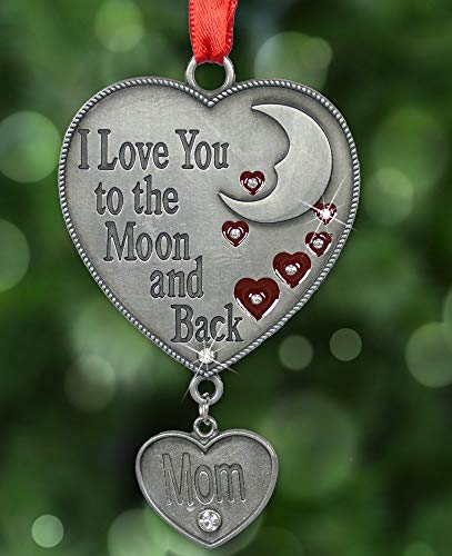 BANBERRY DESIGNS Mom Ornament - I Love You to The Moon and Back Ornament for Mom - Red Hearts and Moon Design with a Hanging Charm Engraved Mom
