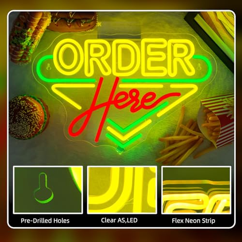 Image of Order Here Neon Sign Coffee Store Colorful Wall Light for Restaurant Decor | 16.1IN*10.6IN,Five level brightness adjustment,USB powered,For Coffee Kitchen Corner Club Window Decor,Party Gifts