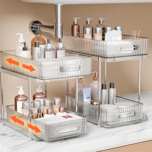 2 Sets of 2-Tier Bathroom organizers and storage,Clear under sink organizer Snap-Lock Pull Out Cabinet Organizer Multi-Purpose Kitchen Pantry Medicine Makeup Organization Shelf with Movable Dividers