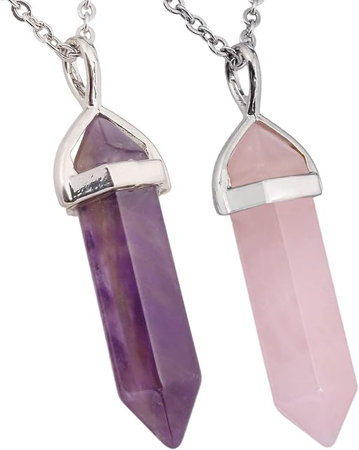 Nupuyai 2pcs Hexagonal Stone Pendant Necklace for Women Men, Energy Protection Crystal Point Pendant with Chain