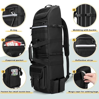 Rexmica Fishing Backpack Holds 8 Rods & Reels, Fishing Tackle Bag with Compartment for Tackle Boxes, Fishing Gear or Equipment, Fishing Rod Case Backpack, Fishing Pole Bag with Tactical Molle System