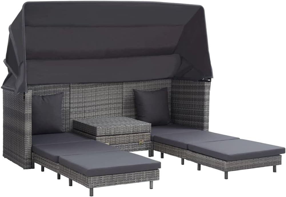 Extendable 3-Seater Sofa Bed Gray Poly Rattan Roof Versatile Attractive for Outdoor Seating Patio Decor