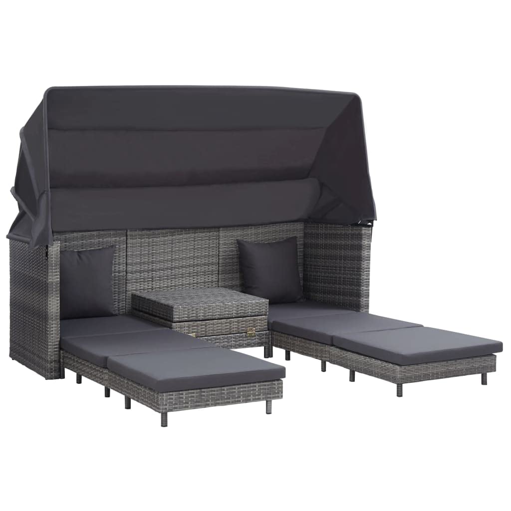 Sofá cama extensible de 3 plazas con techo de poliratán gris resistente a la intemperie, marco de acero y cómodo cojín acolchado para jardín y patio, incluye protección solar