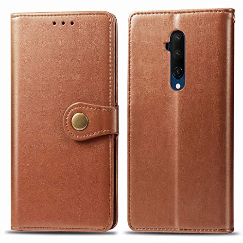 SATURCASE Case for OnePlus 7T Pro, Premium PU Leather Flip Round Magnet Wallet Stand Card Slots Protective Cover with Hand Strap for OnePlus 7T Pro (Brown)